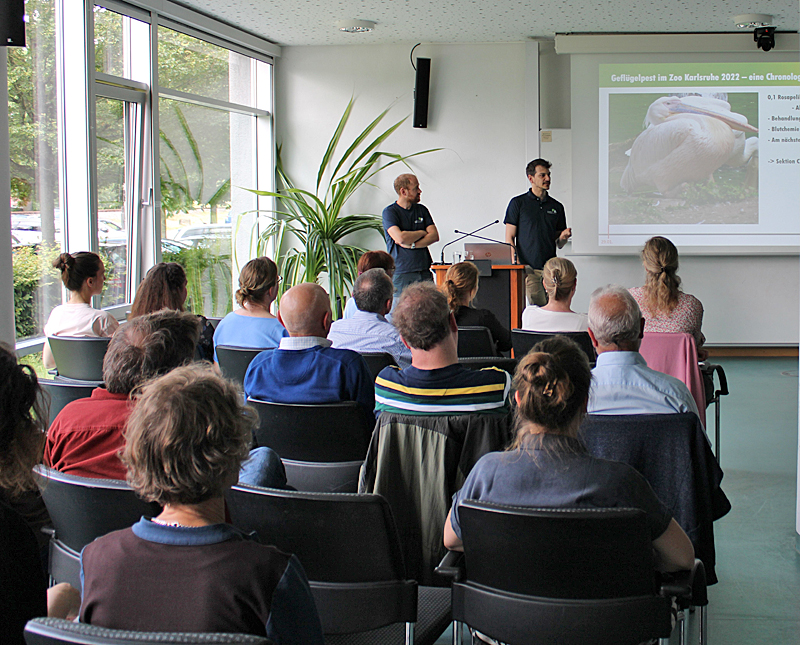 Dr. Marco Roller und Dr. Lukas Reese vom Zoologischen Stadtgarten Karlsruhe präsentieren ihren Vortrag über den Ausbruch der Geflügelpest 2022 in einem Saal. Davor sind mehrere sitzende Zuschauende zu sehen.